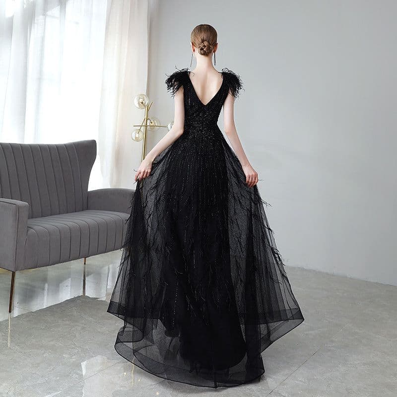 image-Black Double Shoulder Evening Dress Woman