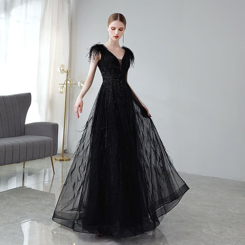 image-Black Double Shoulder Evening Dress Woman
