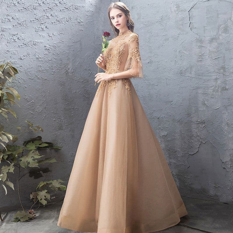image-Banquet Evening Dress Female Golden Stand-up Collar Host Annual Party Dress Skirt