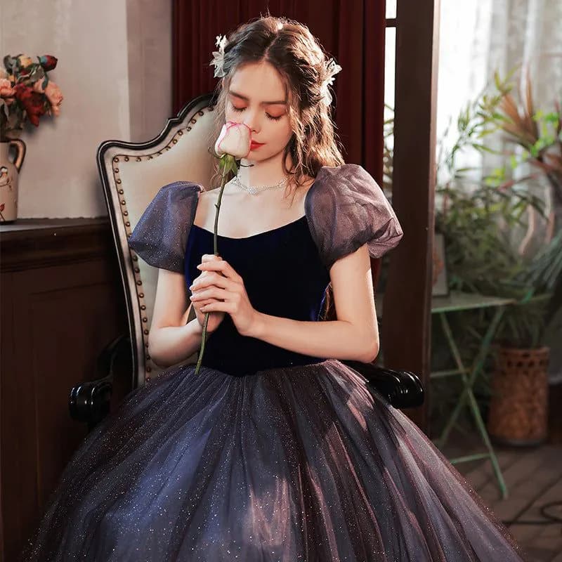 image-Blue Bubble Sleeve Wedding Dress Banquet Evening Dress Bride Toast Dress