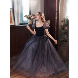 image-Blue Bubble Sleeve Wedding Dress Banquet Evening Dress Bride Toast Dress