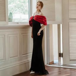 image-Premium Sense Wine Red Engagement Fishtail Temperament One Line Shoulder Evening Dress