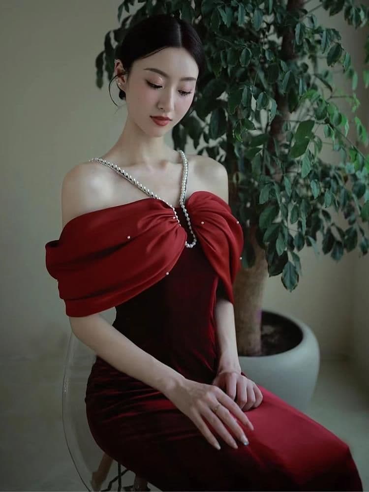 image-Premium Sense Wine Red Engagement Fishtail Temperament One Line Shoulder Evening Dress