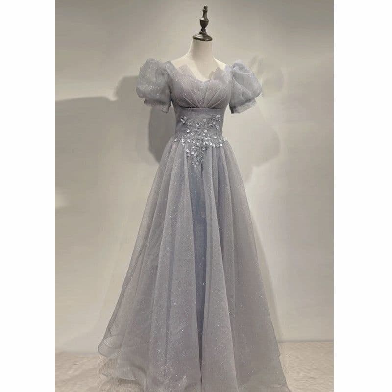 image-HOOR Women Luxury Puff Sleeve Backless Shiny Prom Gown
