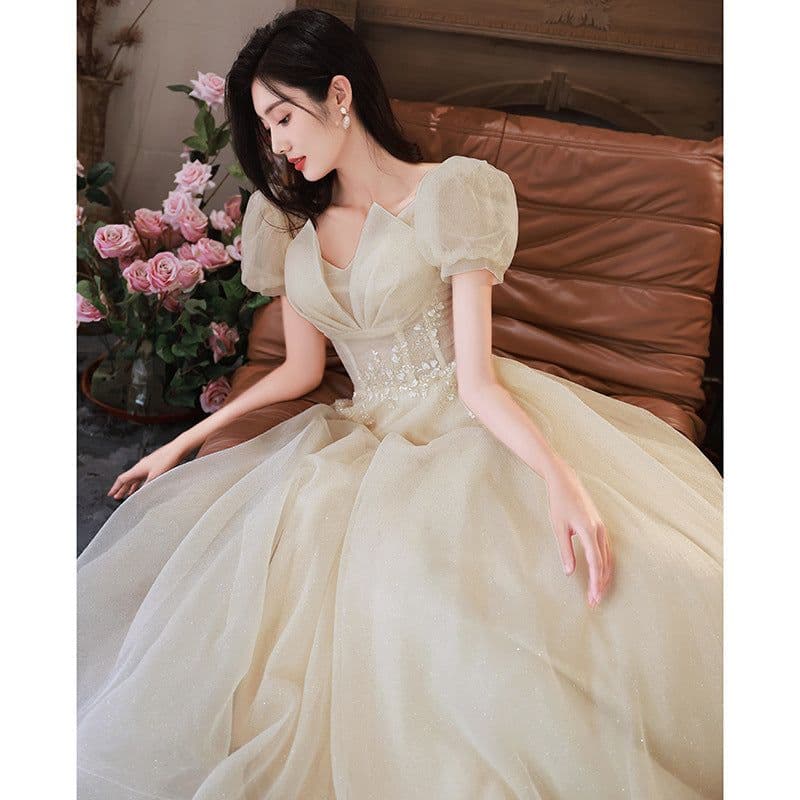 image-HOOR Women Luxury Puff Sleeve Backless Shiny Prom Gown