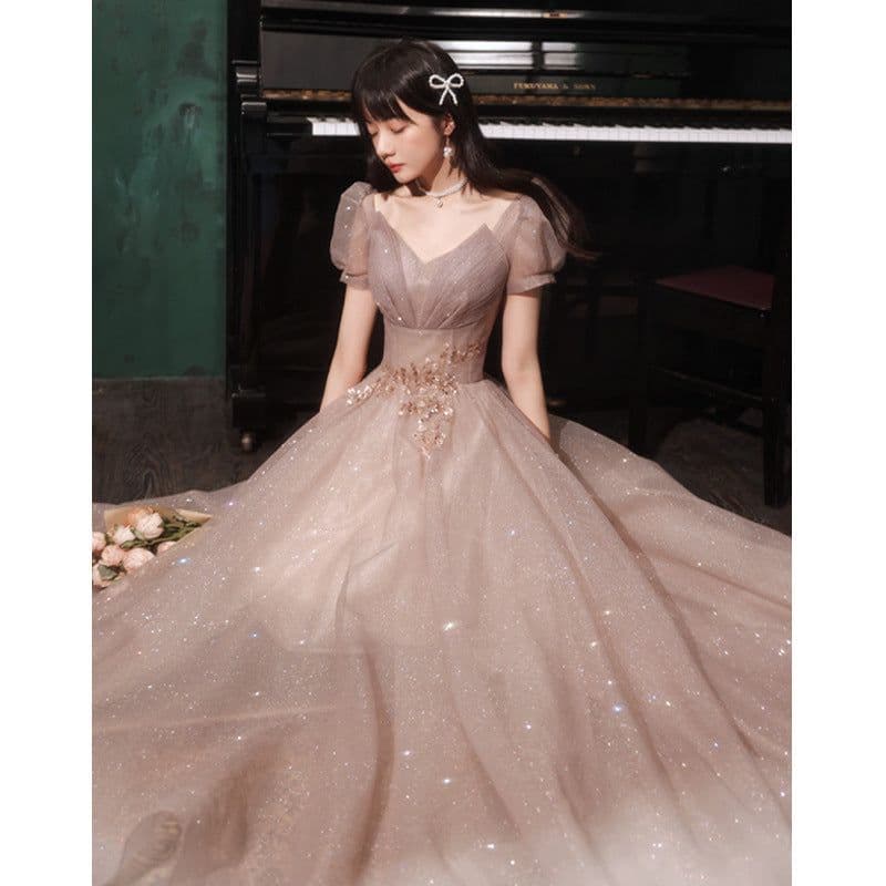 image-HOOR Women Luxury Puff Sleeve Backless Shiny Prom Gown