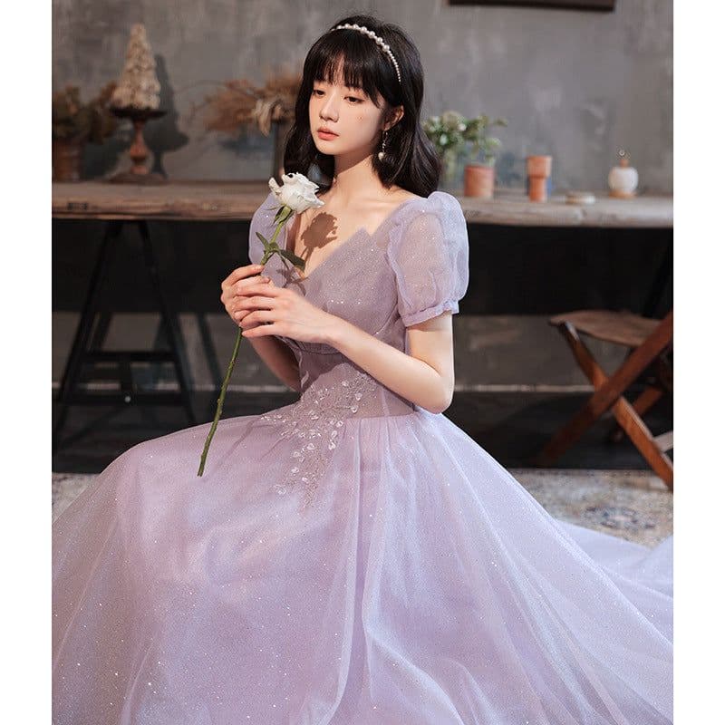 image-HOOR Women Luxury Puff Sleeve Backless Shiny Prom Gown