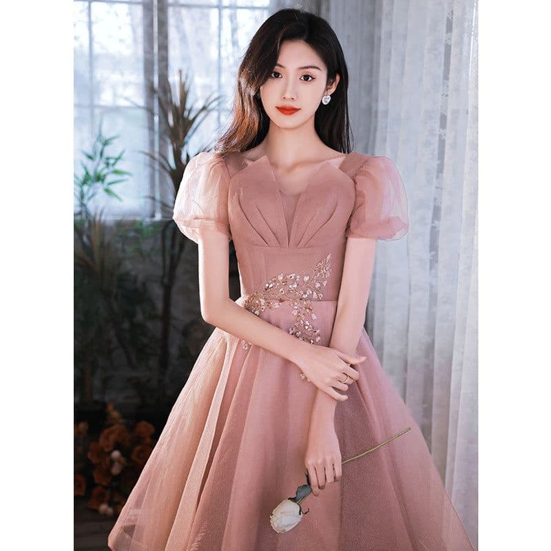 image-HOOR Women Luxury Puff Sleeve Backless Shiny Prom Gown