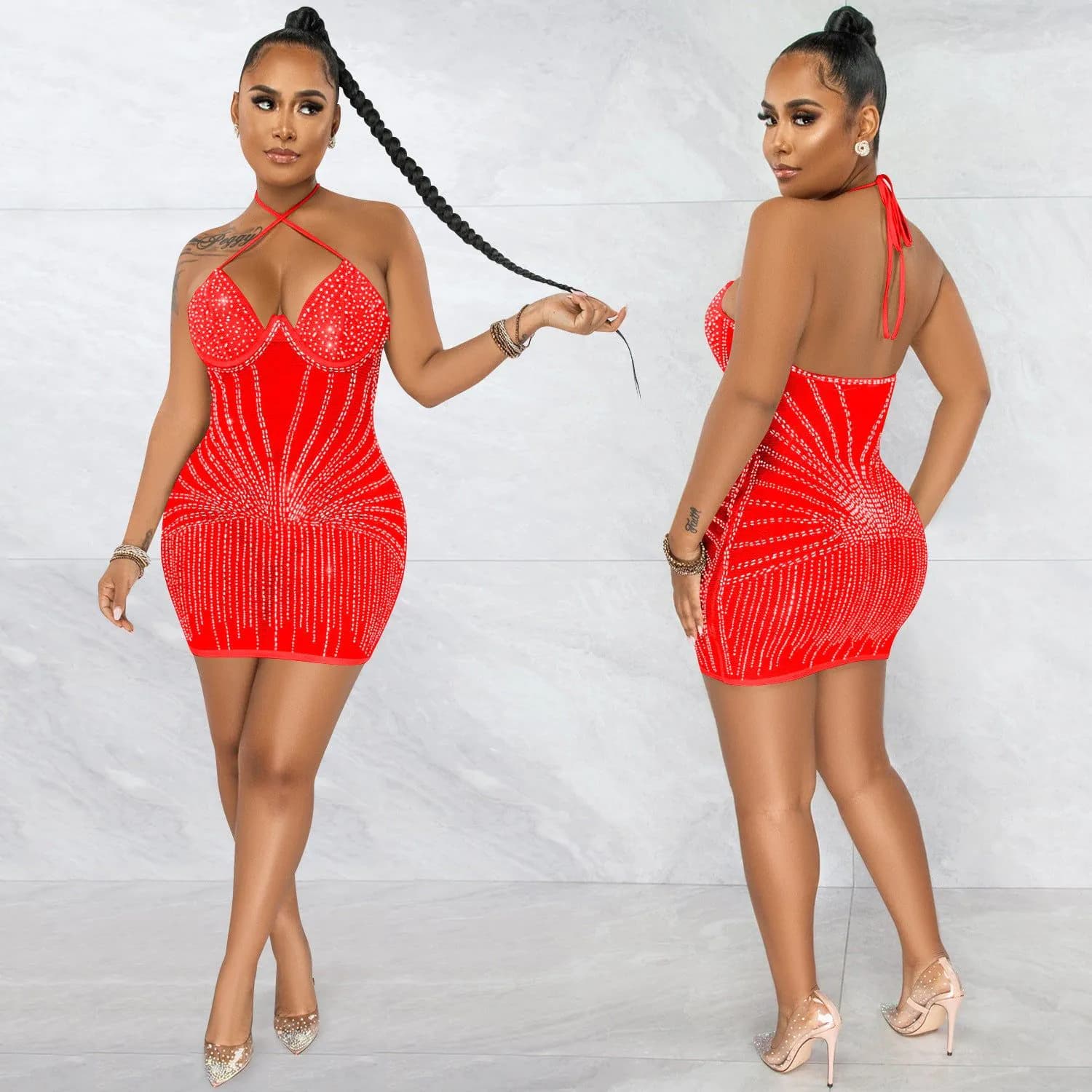image-Sling Wrapped Chest Rhinestone Mesh Perspective Skirt Dress