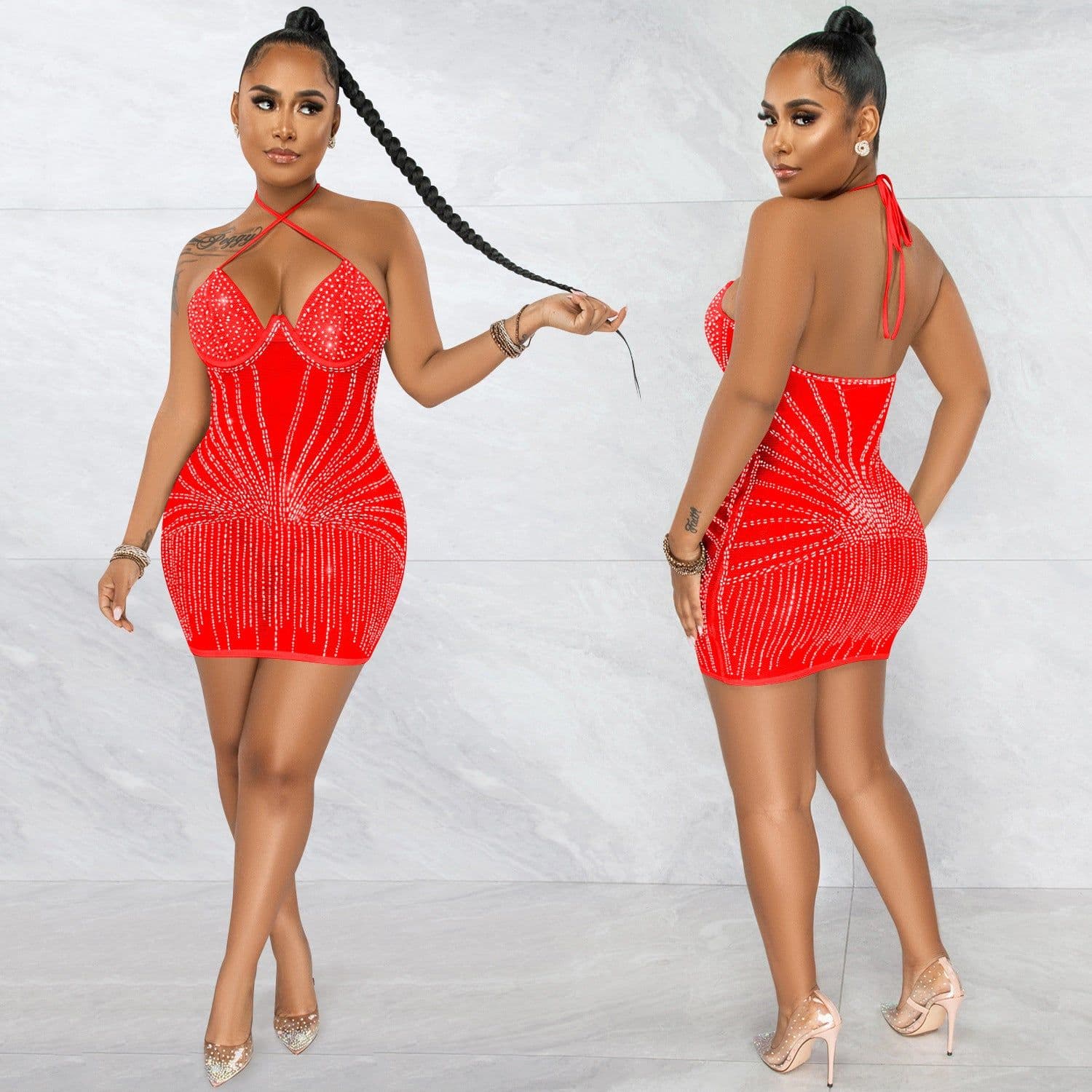 image-Sling Wrapped Chest Rhinestone Mesh Perspective Skirt Dress