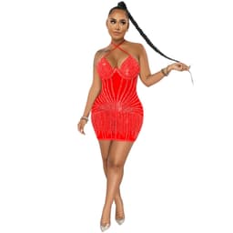 image-Sling Wrapped Chest Rhinestone Mesh Perspective Skirt Dress