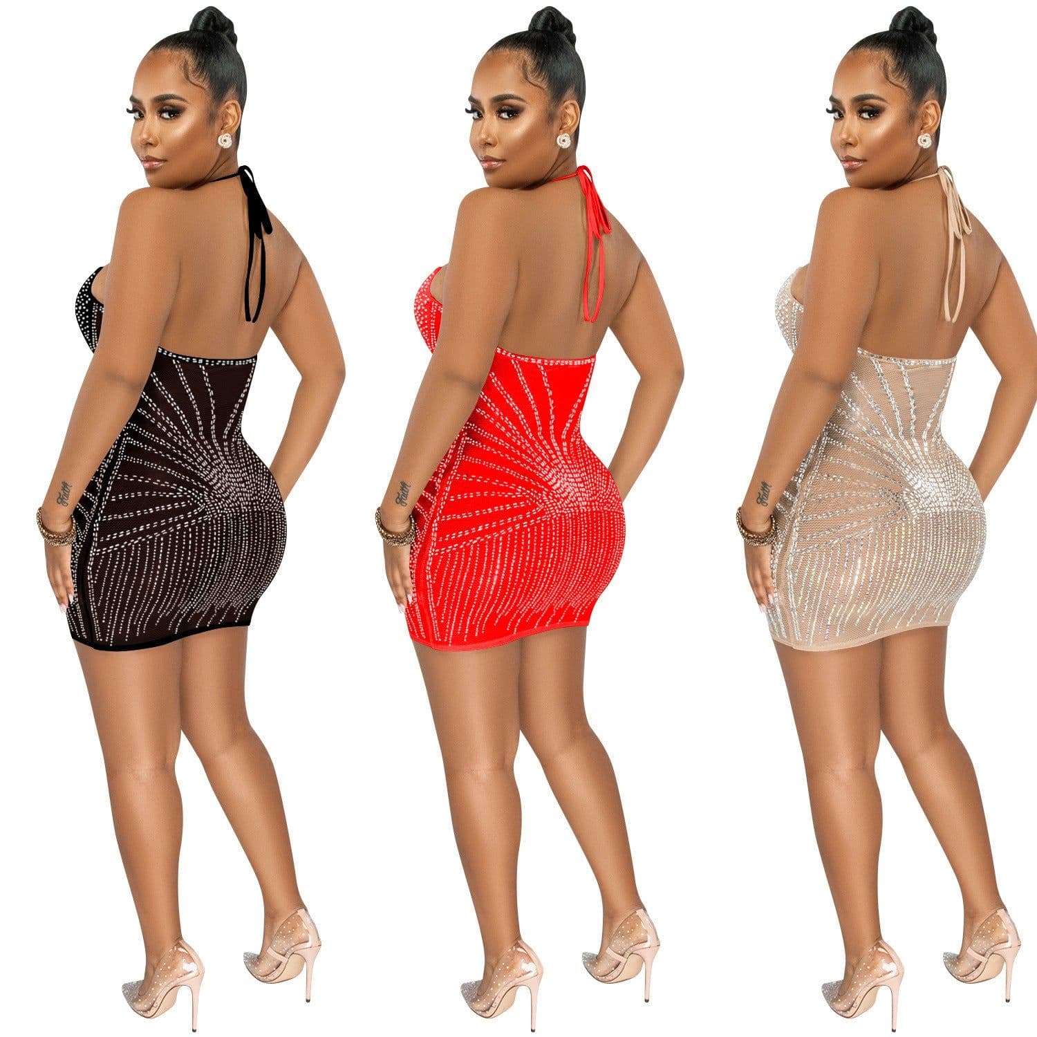 image-Sling Wrapped Chest Rhinestone Mesh Perspective Skirt Dress
