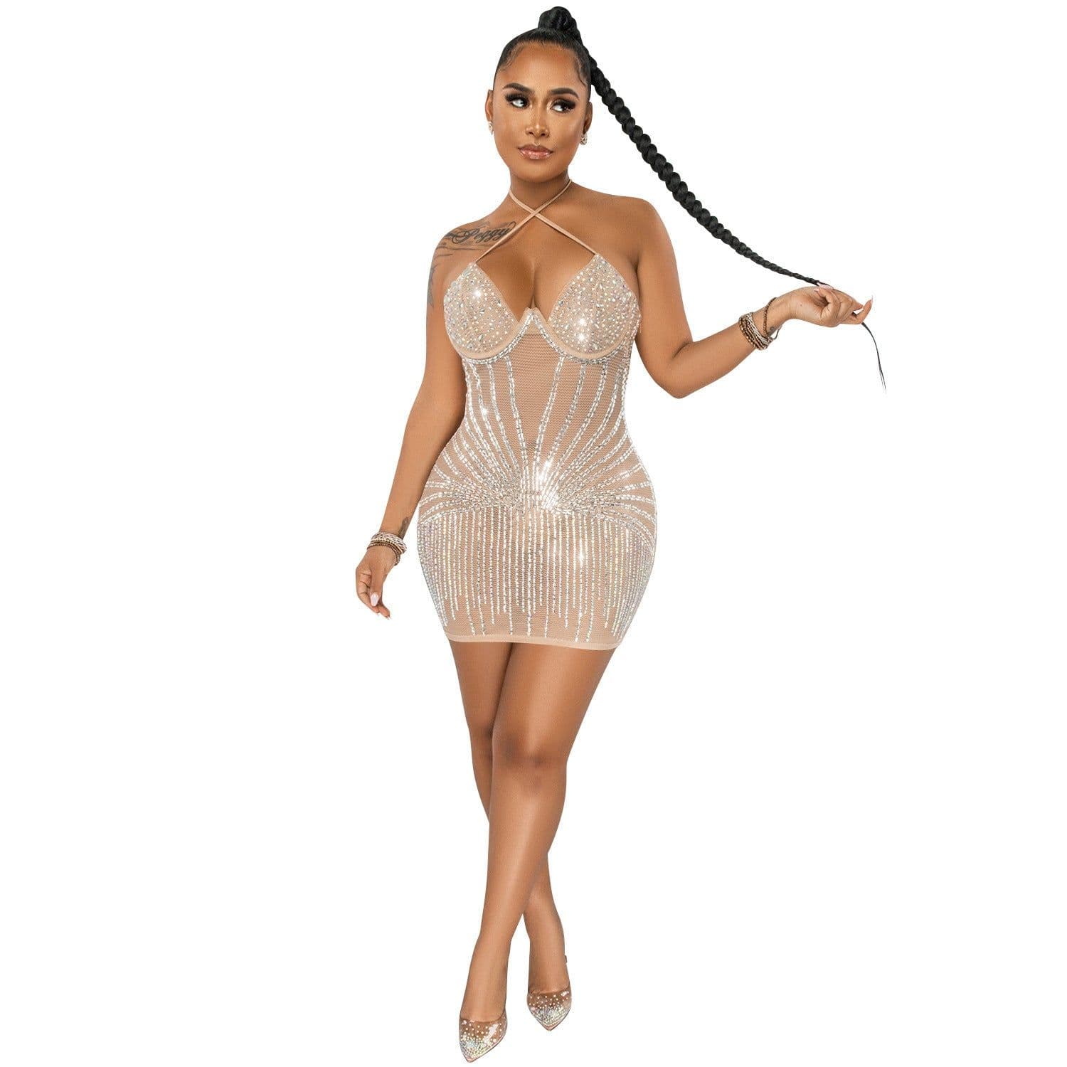 image-Sling Wrapped Chest Rhinestone Mesh Perspective Skirt Dress