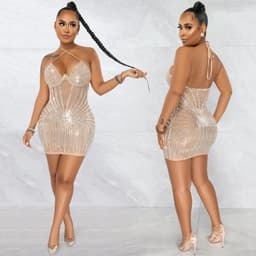 image-Sling Wrapped Chest Rhinestone Mesh Perspective Skirt Dress