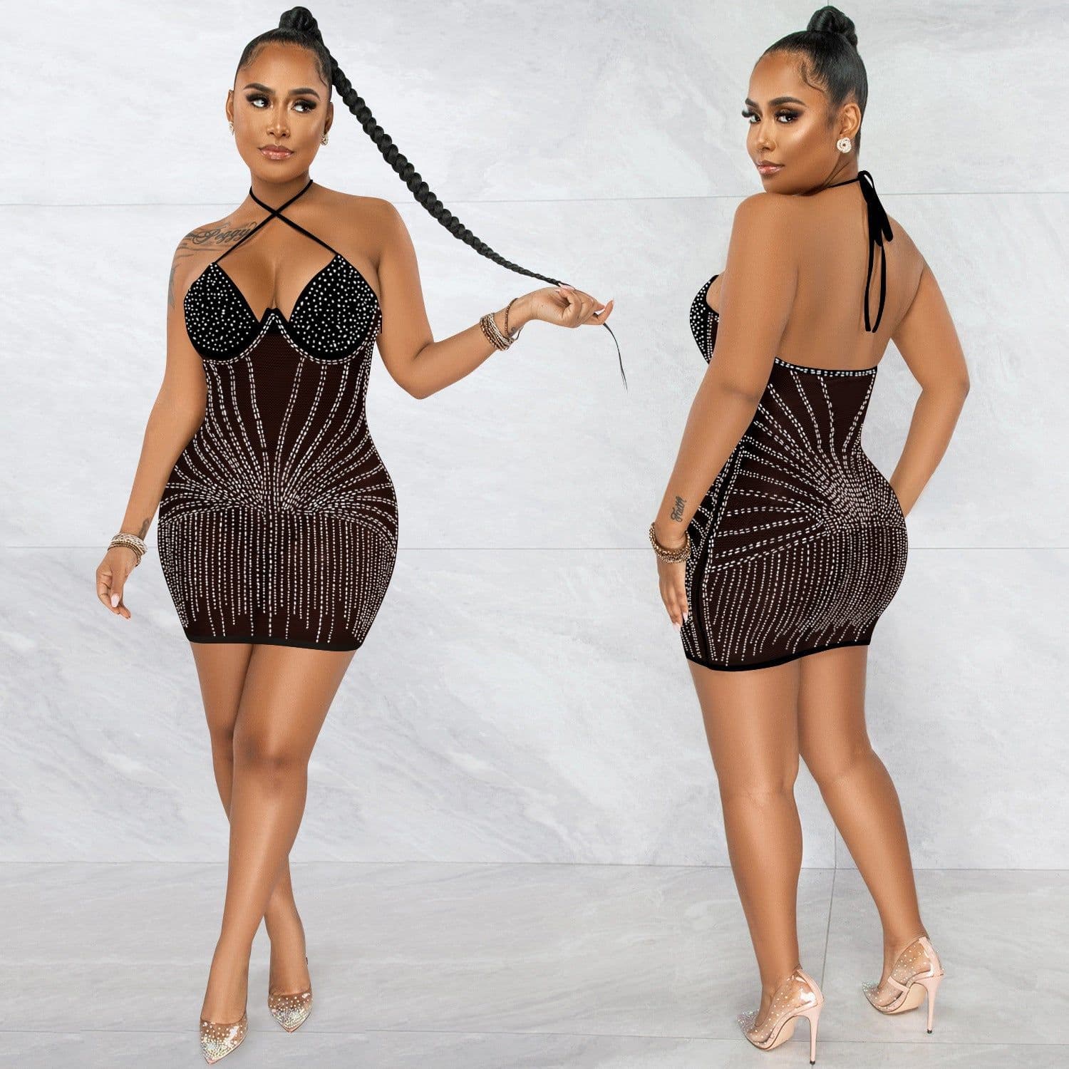 image-Sling Wrapped Chest Rhinestone Mesh Perspective Skirt Dress