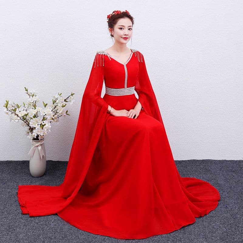 image-The Red Long Guzheng Performance Dress Is Elegant And Slim
