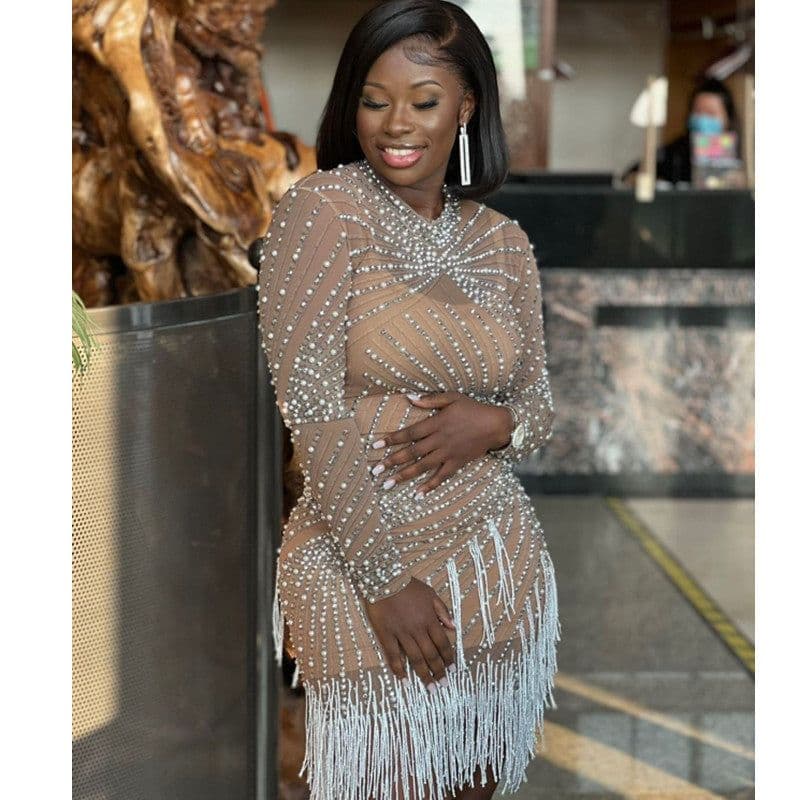 image-Tassel Dress Birthday Party Long Sleeve Ironing Transparent