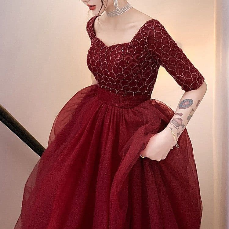 image-Wine Red Engagement Back Door Evening Dress Female Long Sleeve