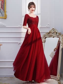 image-Wine Red Engagement Back Door Evening Dress Female Long Sleeve