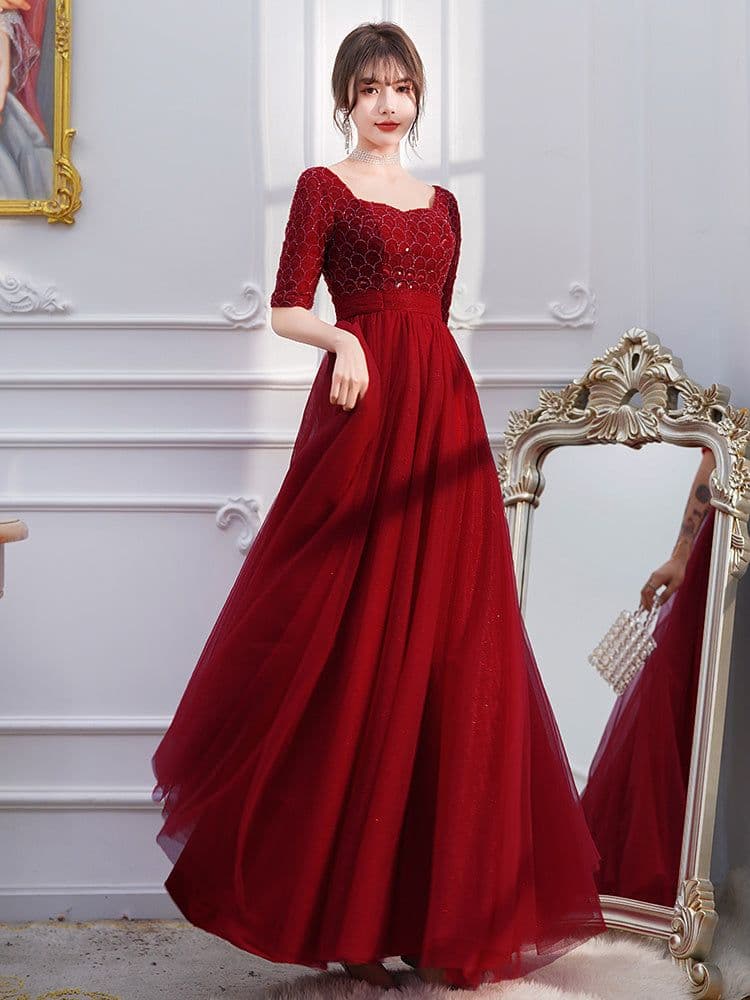 image-Wine Red Engagement Back Door Evening Dress Female Long Sleeve