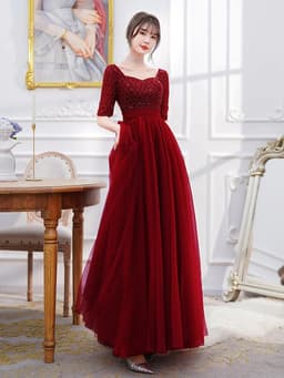image-Wine Red Engagement Back Door Evening Dress Female Long Sleeve
