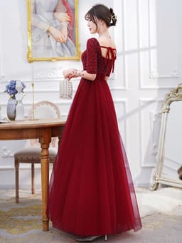 image-Wine Red Engagement Back Door Evening Dress Female Long Sleeve