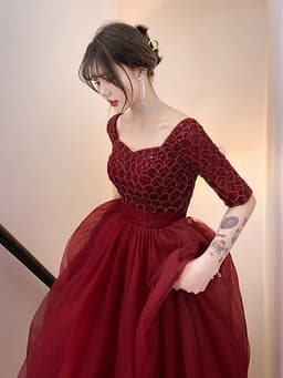 image-Wine Red Engagement Back Door Evening Dress Female Long Sleeve