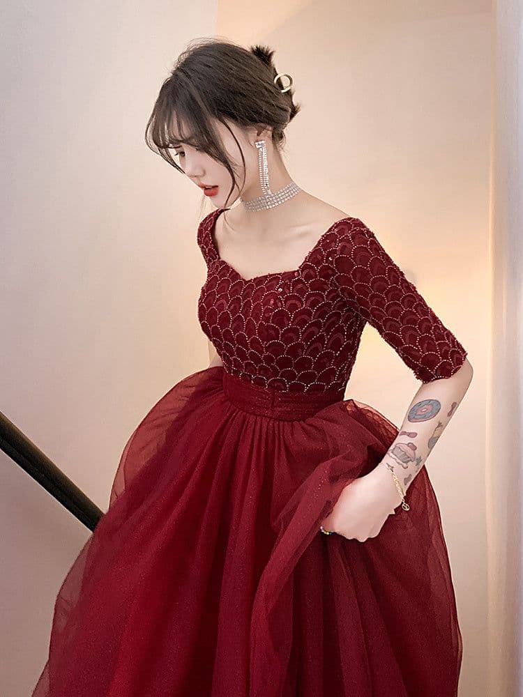 image-Wine Red Engagement Back Door Evening Dress Female Long Sleeve