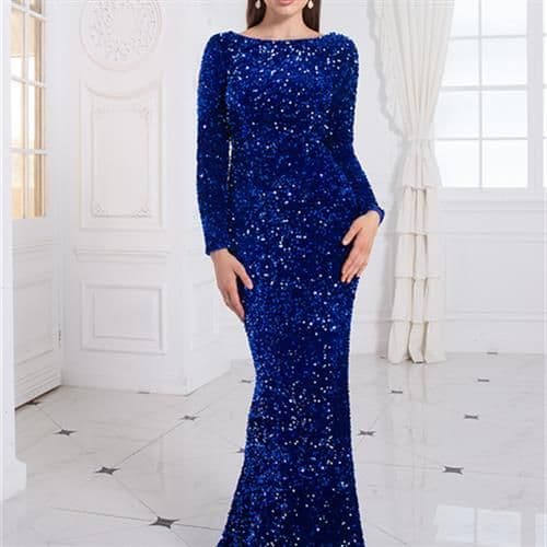 image-Women Modest Stretch Sequin Royal Blue Evening Prom Gown Party