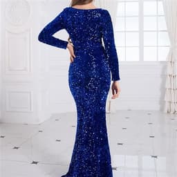 image-Women Modest Stretch Sequin Royal Blue Evening Prom Gown Party