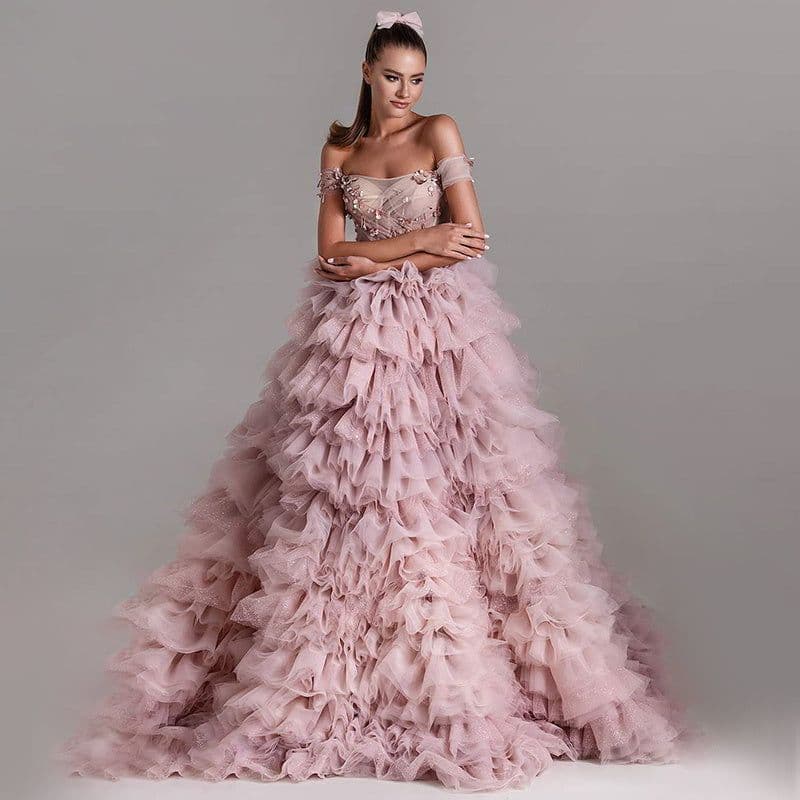 image-One-line Shoulder Wipe Chest Princess Studded Beaded Cake Skirt Pink Wedding Dress