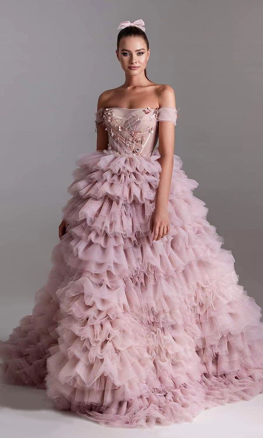 image-One-line Shoulder Wipe Chest Princess Studded Beaded Cake Skirt Pink Wedding Dress