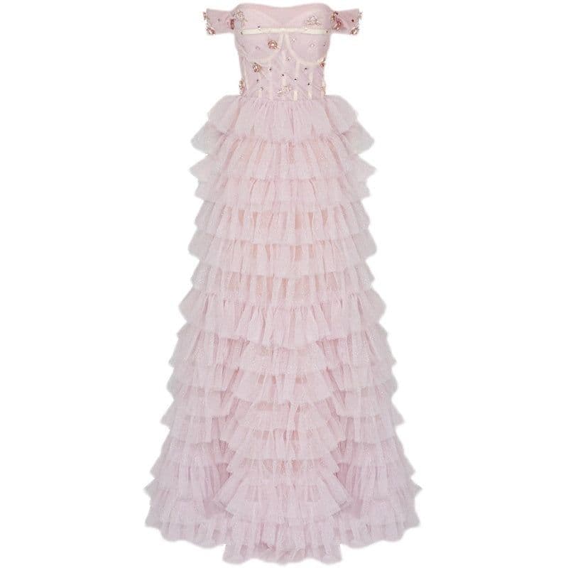 image-One-line Shoulder Wipe Chest Princess Studded Beaded Cake Skirt Pink Wedding Dress