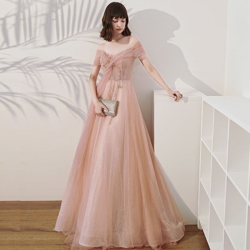 image-One Shoulder Slim Fairy Aura Light Gauze Bridesmaid Dress