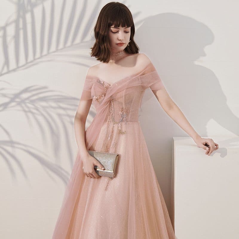 image-One Shoulder Slim Fairy Aura Light Gauze Bridesmaid Dress