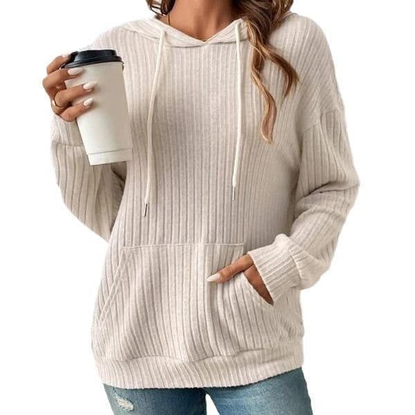 image-Fashion Drawstring Long-sleeved Hooded Sweatshirt With Pockets Solid Sunken Stripe Hoodie Knitwear Womens Clothing