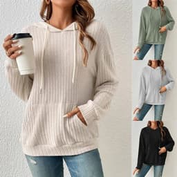 image-Fashion Drawstring Long-sleeved Hooded Sweatshirt With Pockets Solid Sunken Stripe Hoodie Knitwear Womens Clothing
