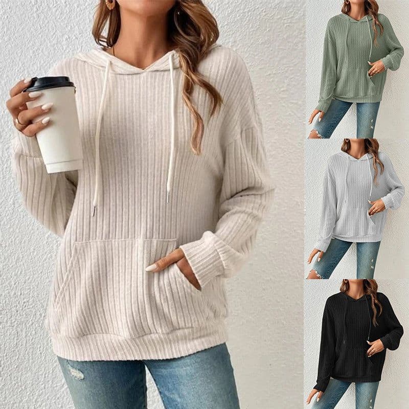 image-Fashion Drawstring Long-sleeved Hooded Sweatshirt With Pockets Solid Sunken Stripe Hoodie Knitwear Womens Clothing