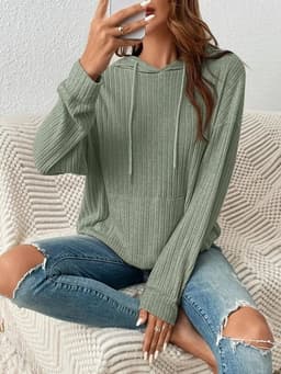 image-Fashion Drawstring Long-sleeved Hooded Sweatshirt With Pockets Solid Sunken Stripe Hoodie Knitwear Womens Clothing
