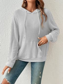 image-Fashion Drawstring Long-sleeved Hooded Sweatshirt With Pockets Solid Sunken Stripe Hoodie Knitwear Womens Clothing