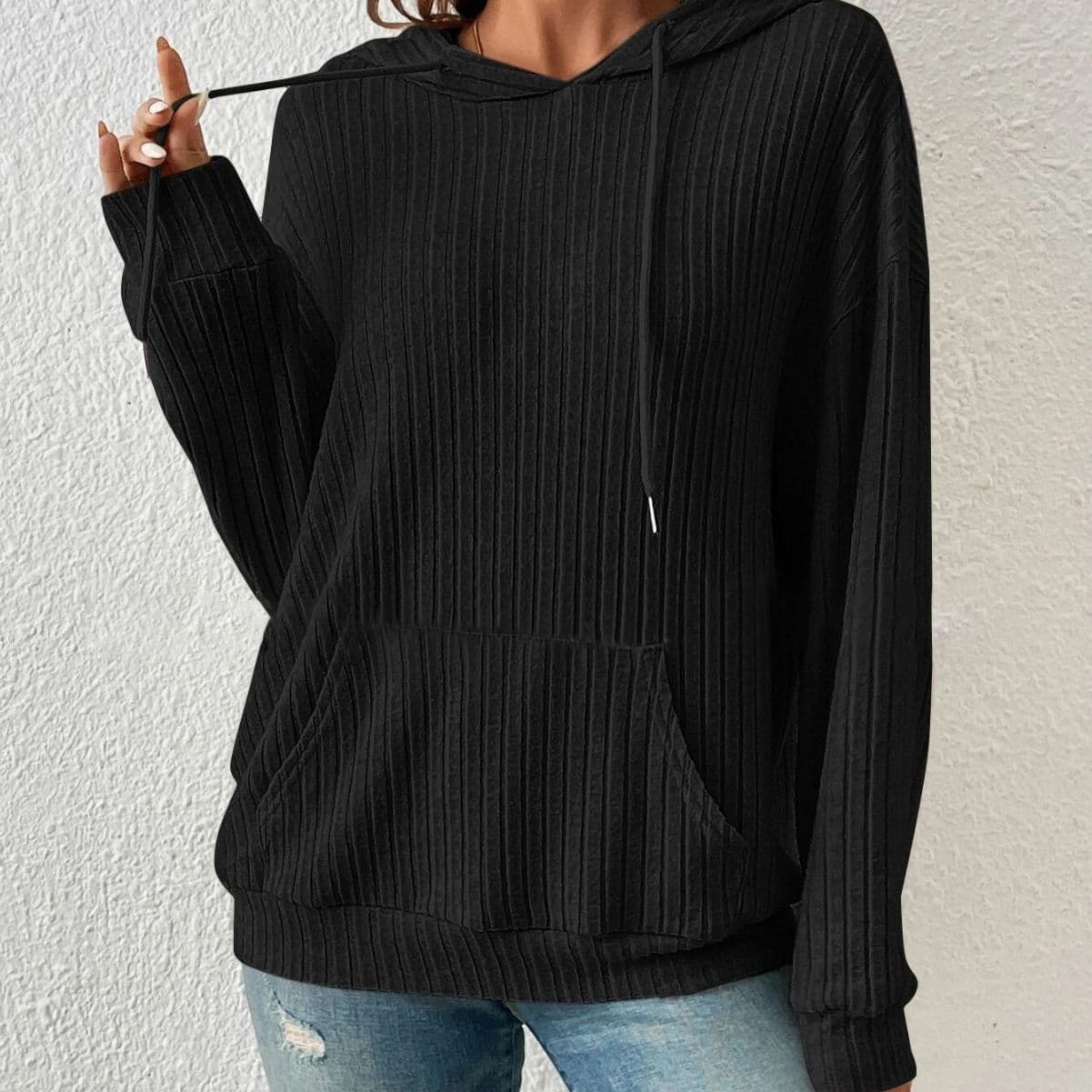 image-Fashion Drawstring Long-sleeved Hooded Sweatshirt With Pockets Solid Sunken Stripe Hoodie Knitwear Womens Clothing