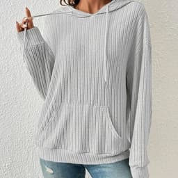 image-Fashion Drawstring Long-sleeved Hooded Sweatshirt With Pockets Solid Sunken Stripe Hoodie Knitwear Womens Clothing