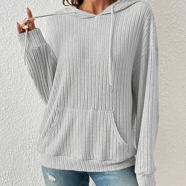 image-Fashion Drawstring Long-sleeved Hooded Sweatshirt With Pockets Solid Sunken Stripe Hoodie Knitwear Womens Clothing