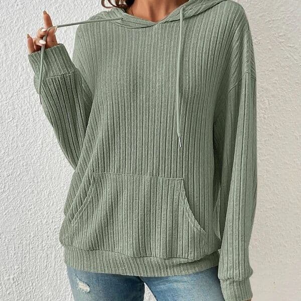 image-Fashion Drawstring Long-sleeved Hooded Sweatshirt With Pockets Solid Sunken Stripe Hoodie Knitwear Womens Clothing