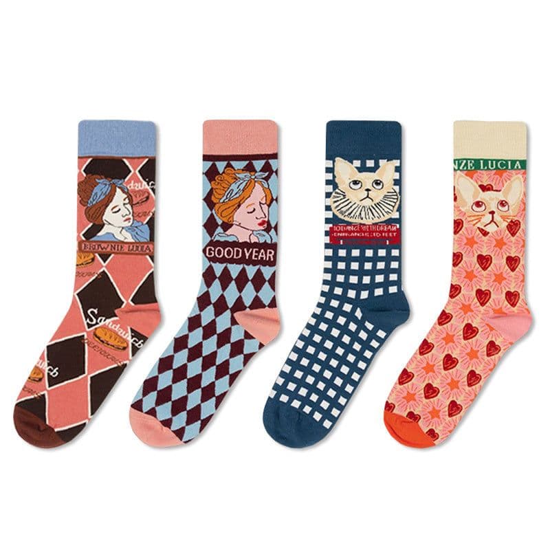 image-Retro Illustration Cute Plaid Cartoon Socks Sports Cotton Socks In Tube Socks