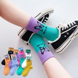 image-Butterfly Color Matching Socks, Tube Socks, Autumn And Winter Cotton Socks, Korean Style Socks, Student Stockings