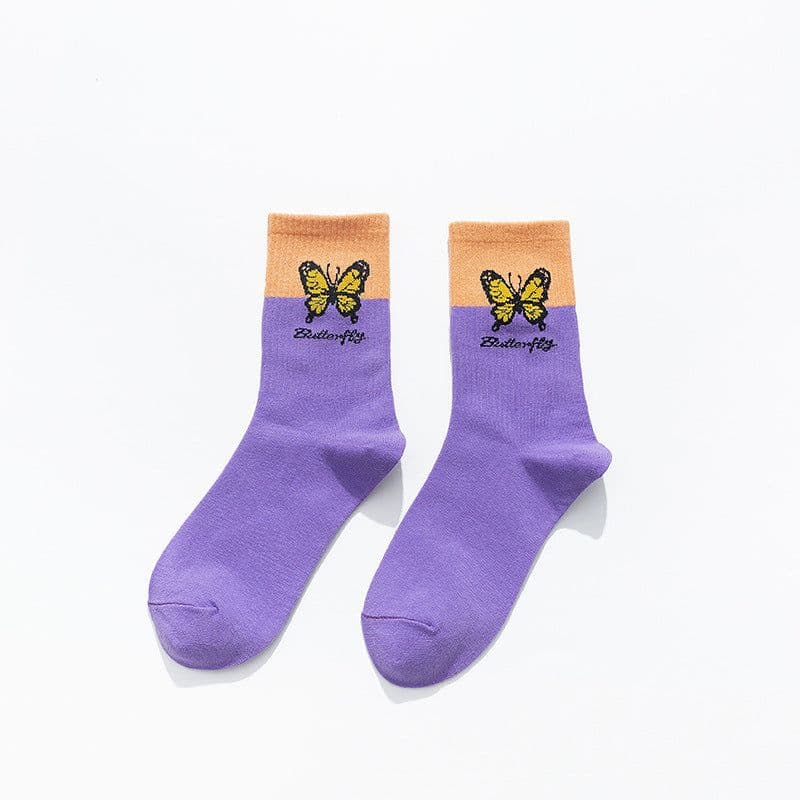 image-Butterfly Color Matching Socks, Tube Socks, Autumn And Winter Cotton Socks, Korean Style Socks, Student Stockings