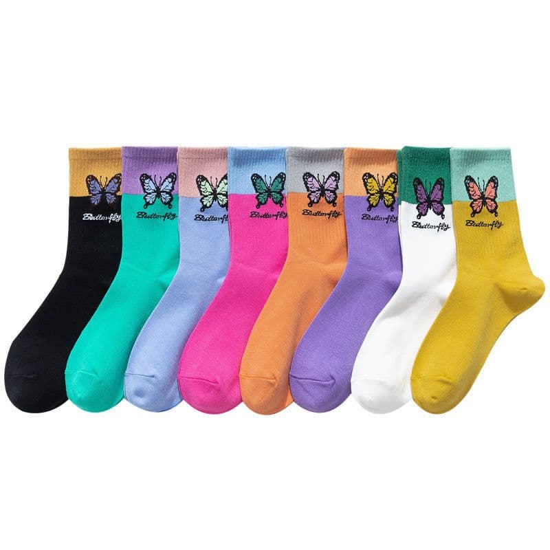 image-Butterfly Color Matching Socks, Tube Socks, Autumn And Winter Cotton Socks, Korean Style Socks, Student Stockings