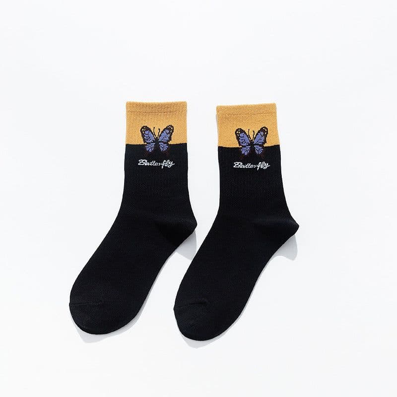 image-Butterfly Color Matching Socks, Tube Socks, Autumn And Winter Cotton Socks, Korean Style Socks, Student Stockings