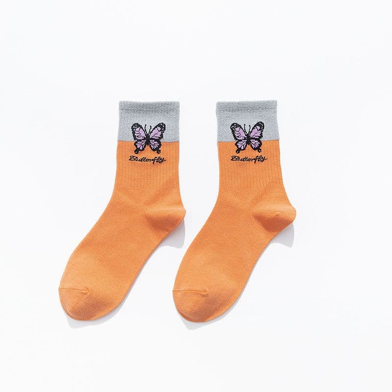 image-Butterfly Color Matching Socks, Tube Socks, Autumn And Winter Cotton Socks, Korean Style Socks, Student Stockings